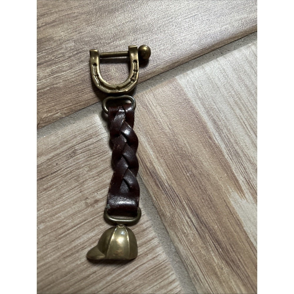 Brass Stirrup Riding Helmet Key ring Braided Lariat Keychain Leather Horse